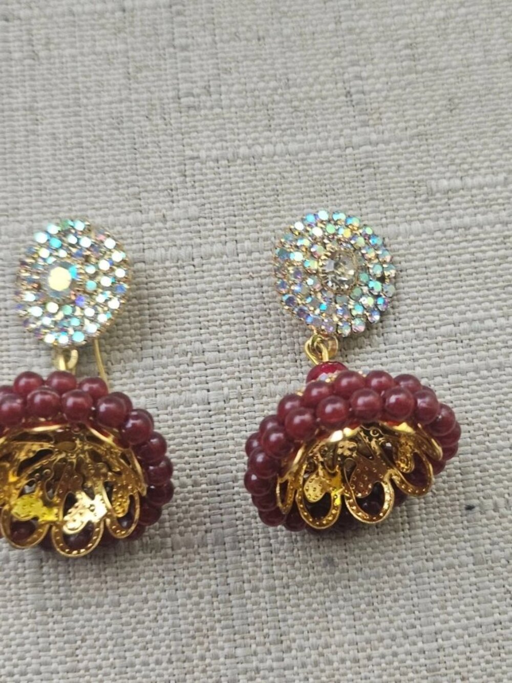 Indian Jhumka Earrings Burgundy Tone Beads Gold Tone Ethnic Fashion Ear Jewelry - Picture 8 of 13